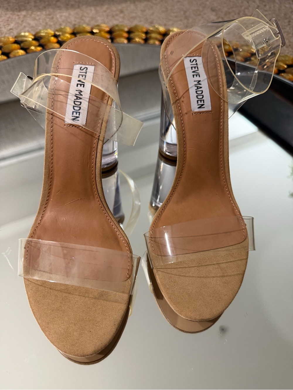 Steve Madden Clear Strap Tan Block Heel Sandal